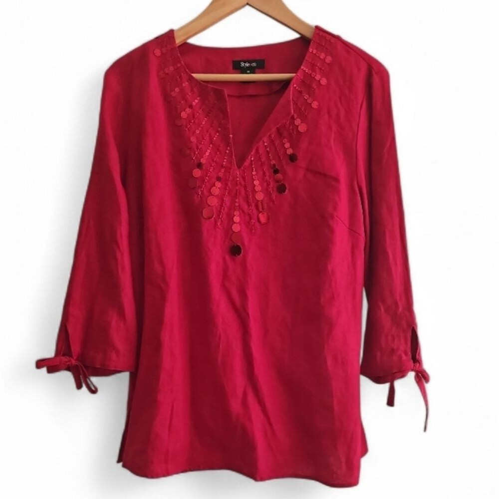 Style & Co. 100% Linen Sequin Embellished Tunic Top Plus Sz 14 Red Boho Chic
